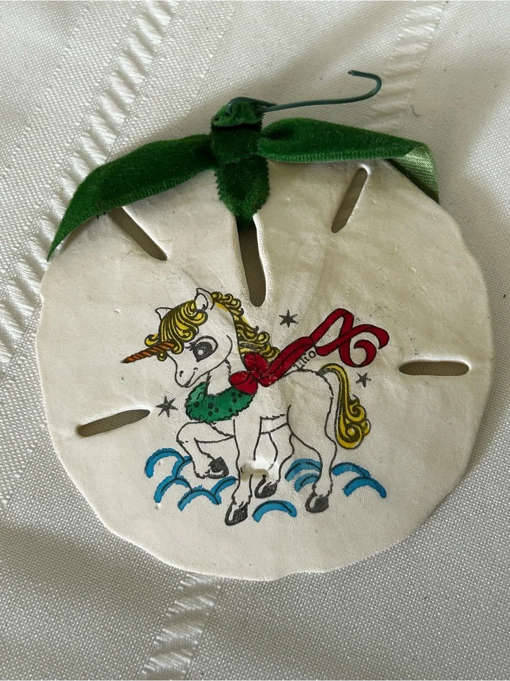 Vintage Hand-Painted White Unicorn Sand Dollar Ornament Christmas Red Green